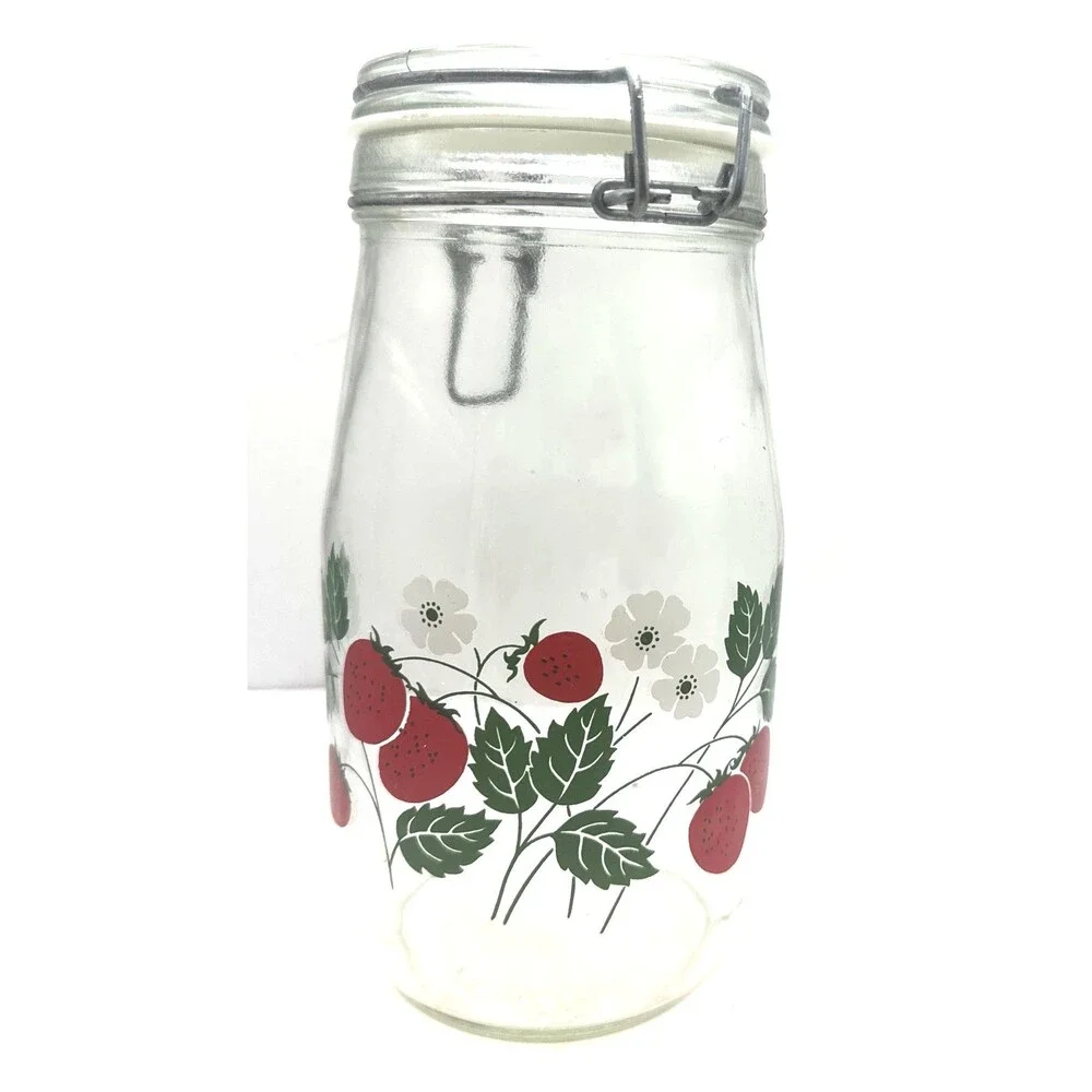 2 Carlton Glass Jar Canister 10” & 9” Bail Lid Strawberries 2 L 1.5 L USA